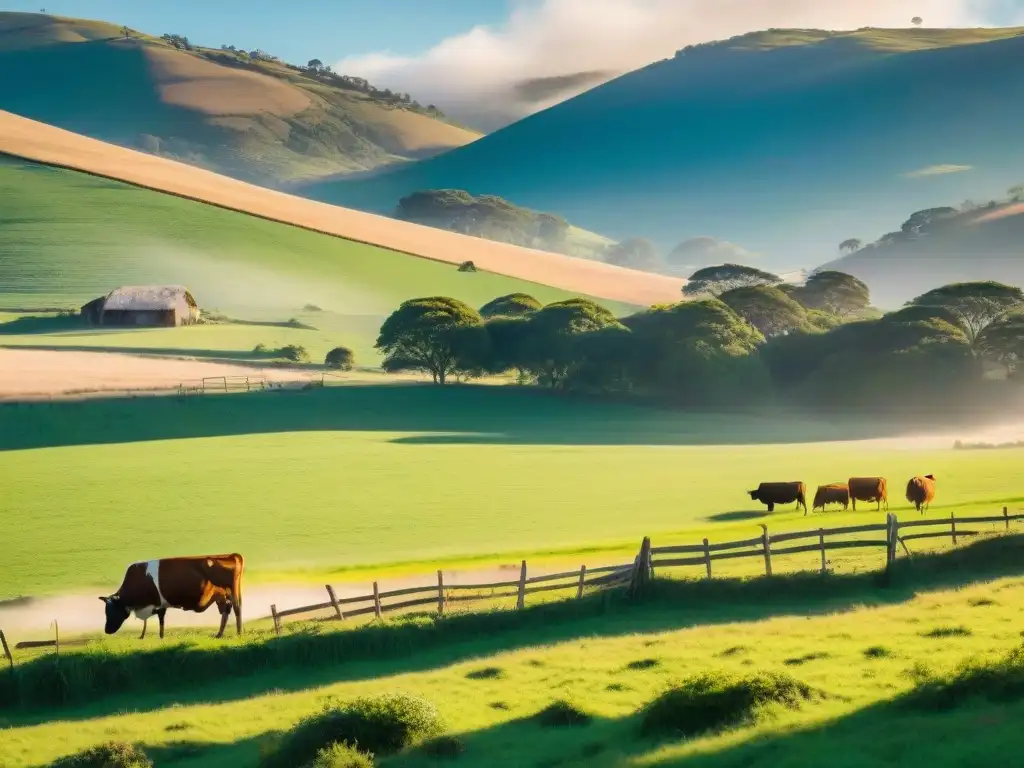 Un tranquilo atardecer en el campo uruguayo: granja rústica, vacas pastando y un agricultor observando