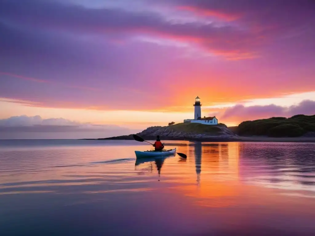 Un tranquilo atardecer en La Paloma, Uruguay, con un kayak de mar deslizándose sobre aguas serenas