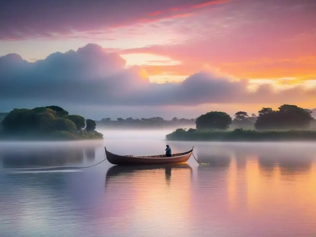 Un tranquilo atardecer sobre el río Uruguay con un bote de madera