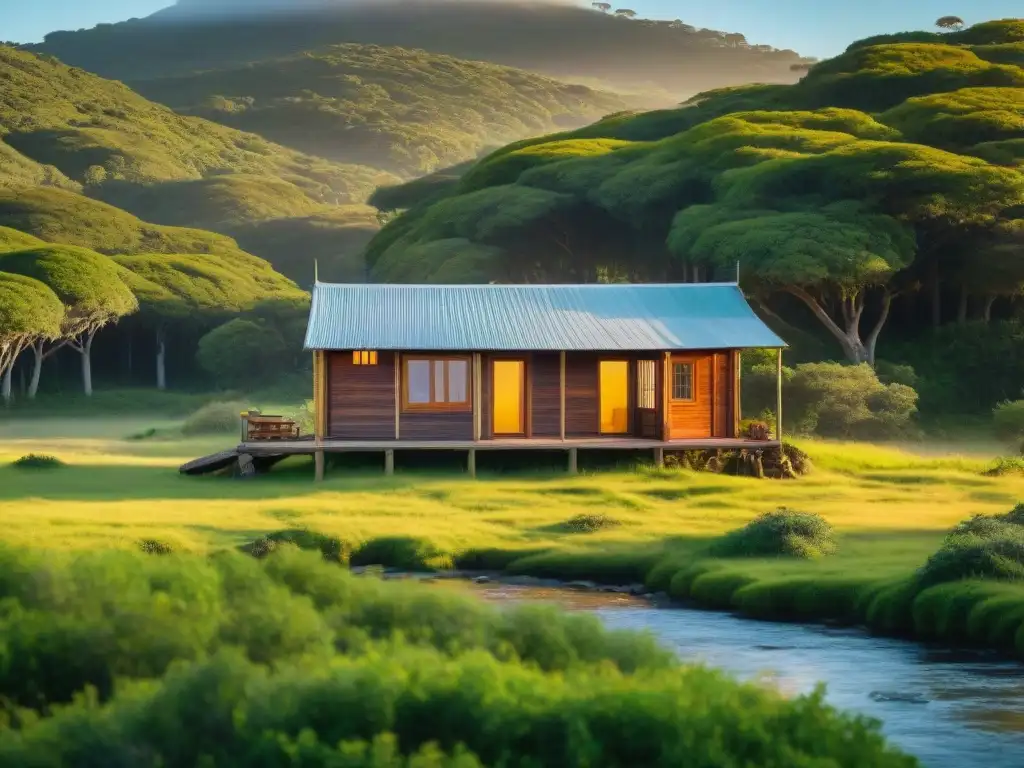 Amanecer tranquilo sobre cabañas en Uruguay, seguridad salud en la naturaleza exuberante