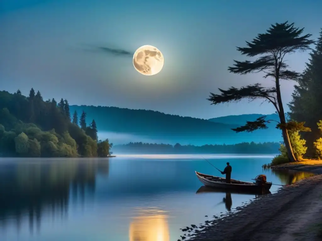 Un tranquilo lago iluminado por la luna llena, reflejando su brillo plateado en el agua, con un bote de pesca solitario en la distancia