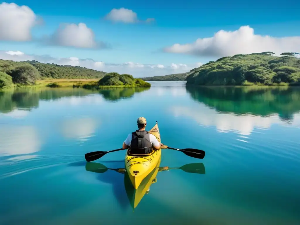 Un tranquilo paseo en kayak por una laguna en Uruguay, reflejando la vegetación