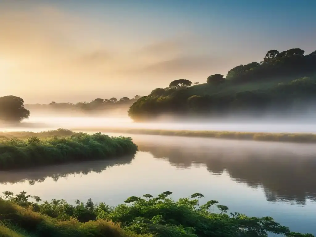 Tranquilo amanecer en el río Uruguay, con luz dorada y paisajes fluviales serenos