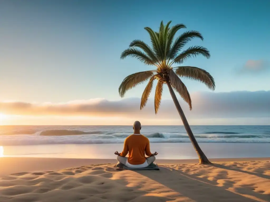 Meditación trascendental al amanecer en la costa de Uruguay, uniendo mente y naturaleza