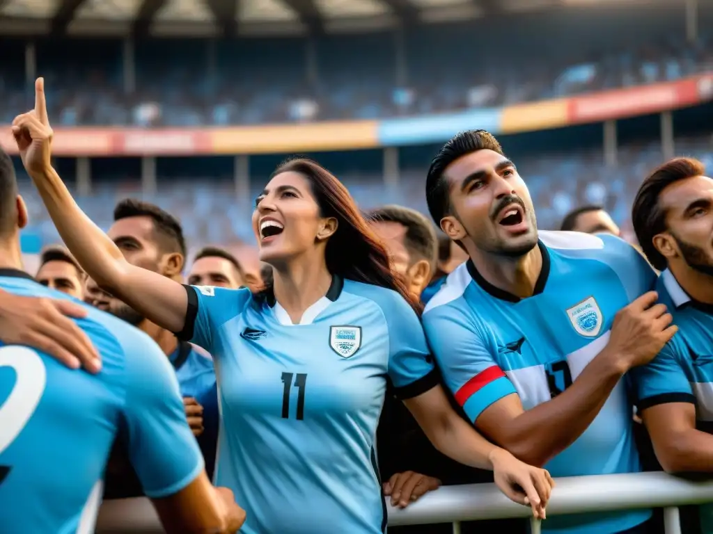 Unión a través del fútbol en Uruguay: Aficionados celebrando un gol con pasión en estadio lleno