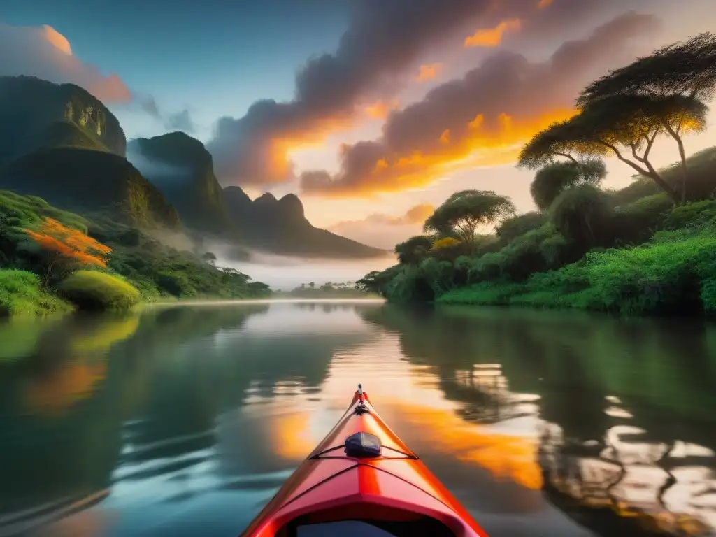 Travesía en kayak por Santa Lucía al atardecer, con el río dorado y sereno bajo un cielo de tonos cálidos y exuberante naturaleza