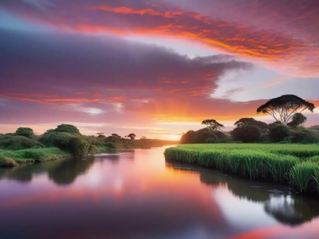 Una travesía por río Pájaros Pintados: atardecer vibrante con aves y paisaje sereno en Uruguay