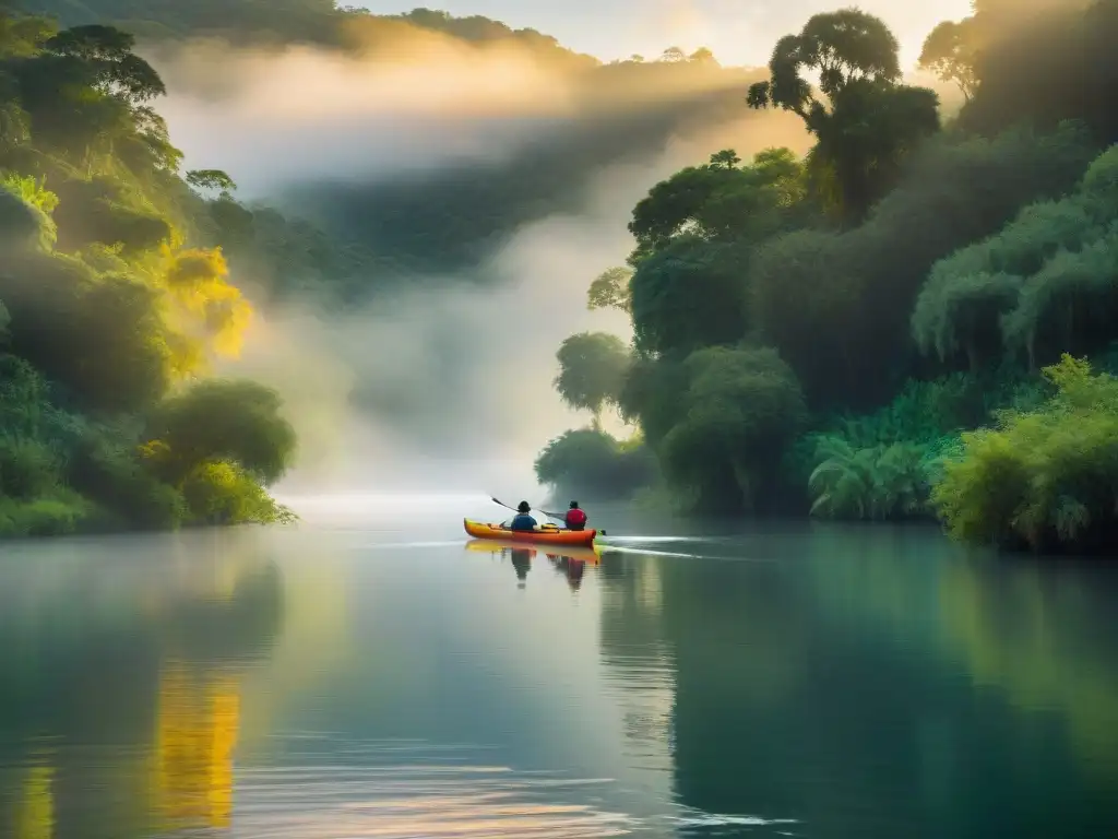 Travesía en kayak por Santa Lucía al amanecer, rodeados de naturaleza y paz en el río sereno