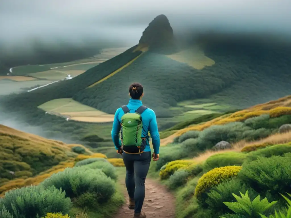 Un trekker en Uruguay, con ropa adecuada para trekking, explorando paisajes diversos