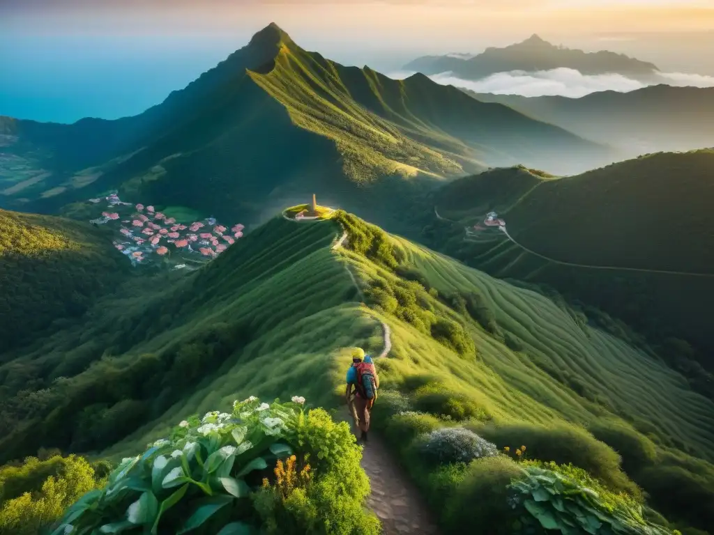 Trekking en Parque Aventura Villa Serrana: aventura y tranquilidad en la cima de la montaña al atardecer