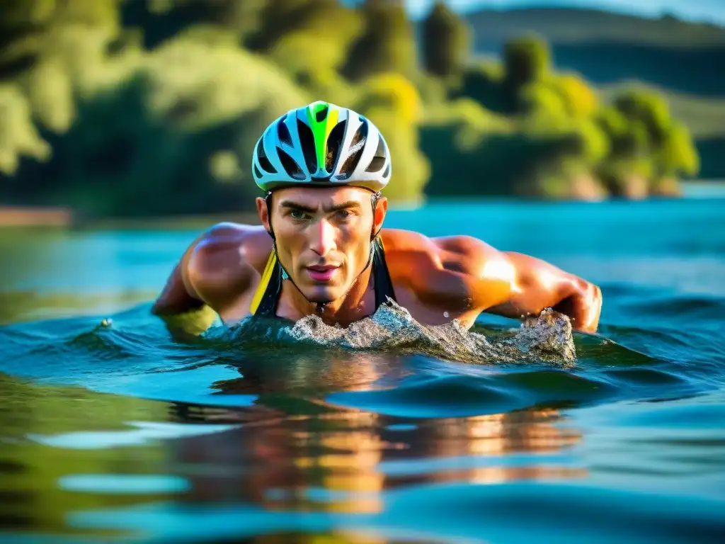 Un triatleta emerge del agua cristalina de Laguna del Sauce en Uruguay, rodeado de exuberante vegetación y la serena belleza del paisaje natural