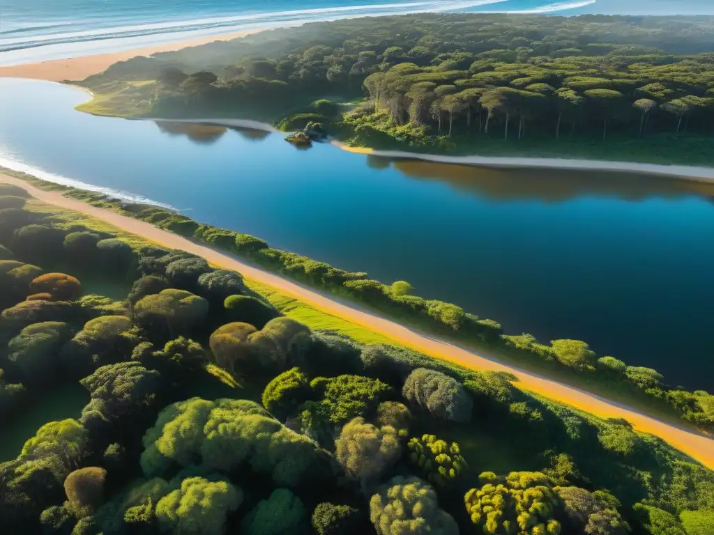 Un triatleta entrenando en las riquezas naturales de Uruguay, con el sol poniéndose en el horizonte