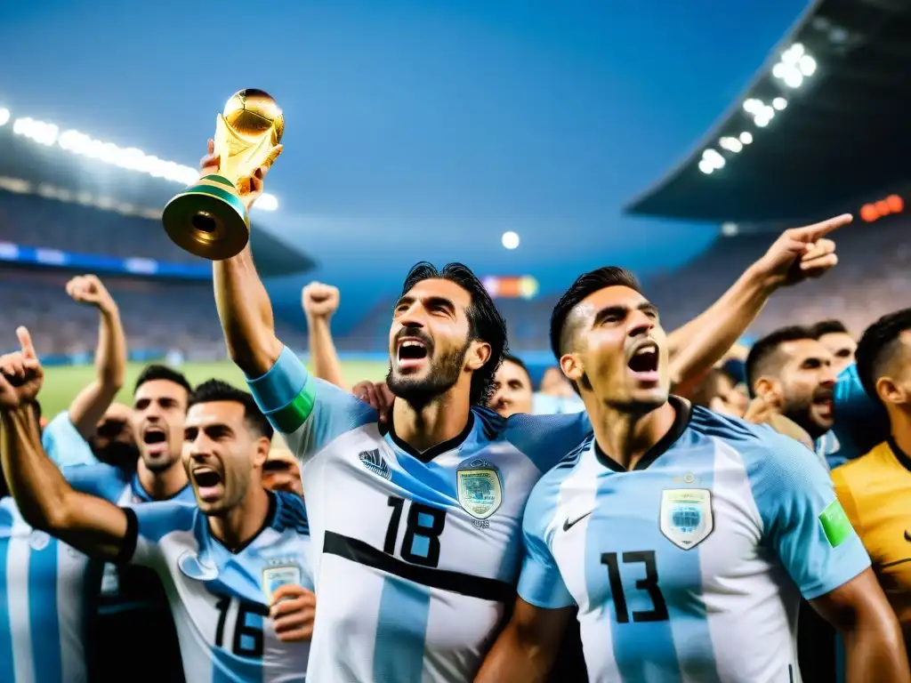 Triunfo de Uruguay en el Mundial de Fútbol: Celebración épica del equipo y fans, con emoción y orgullo en estadio lleno