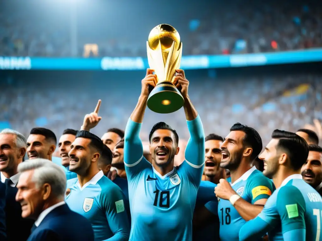 Triunfos Uruguay Mundial Fútbol: Equipo celebra victoria levantando trofeo en 1930