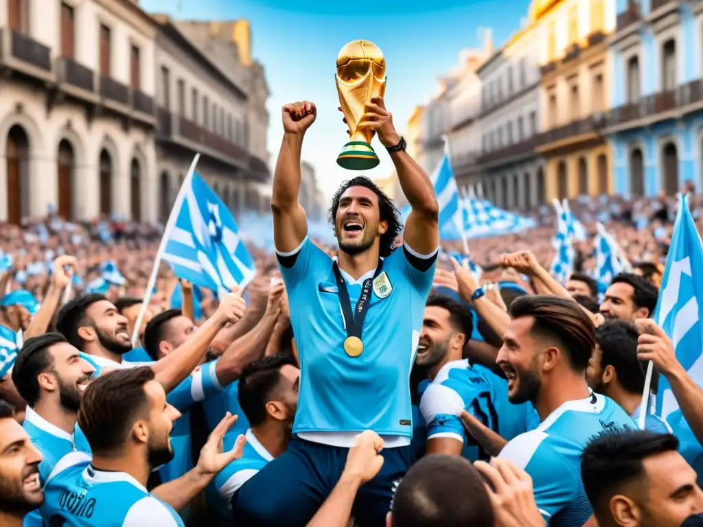 Triunfos Uruguay Mundial Fútbol: Celebración eufórica del equipo uruguayo alzando la copa en Montevideo