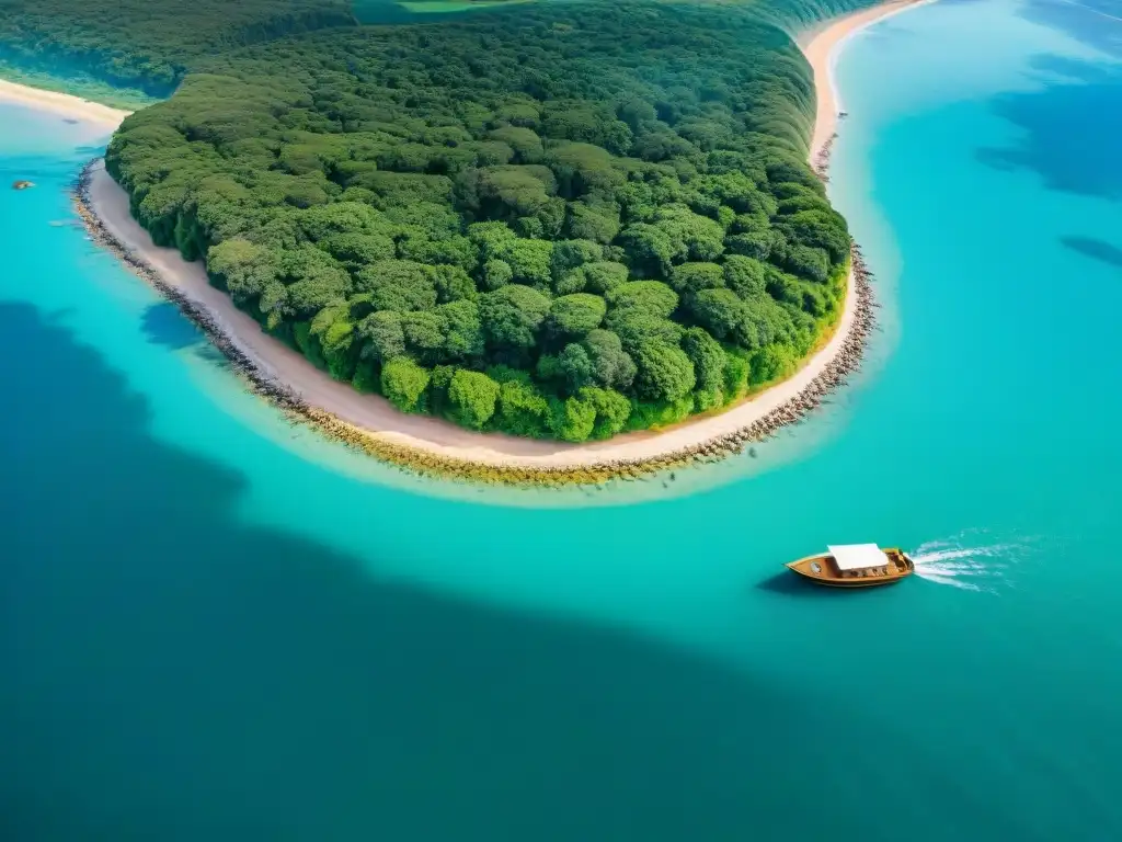 Turismo acuático sostenible en Uruguay: Costa serena con aguas turquesa, vegetación exuberante y barcos flotando en armonía