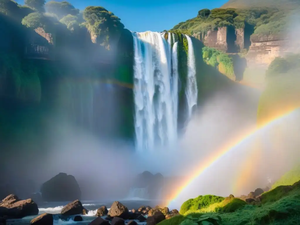 Turismo en Artigas Uruguay: Cascada Salto del Penitente, agua poderosa entre vegetación exuberante y acantilados rocosos, arcoíris en la neblina