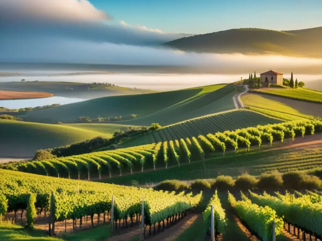 Turismo en Carmelo Uruguay: Atardecer dorado sobre viñedos pintorescos y río tranquilo reflejando el cielo vibrante