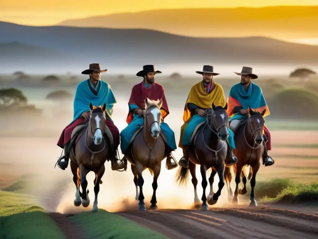 Turismo cultural en Florida Uruguay: Gauchos a caballo al atardecer en las llanuras doradas