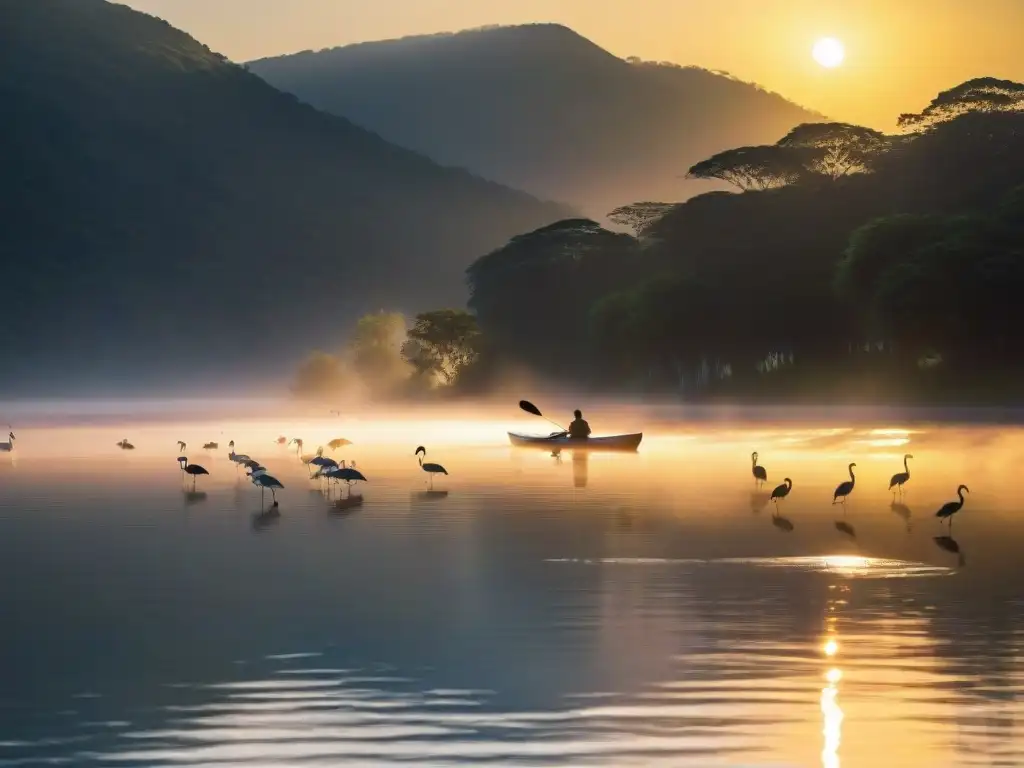 Turismo ecológico en Uruguay: Atardecer en Laguna Garzón con kayakista y flamencos en vuelo