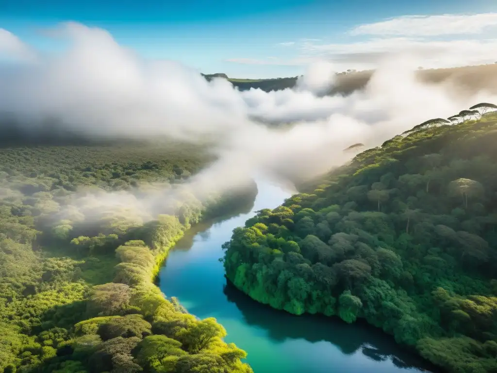 Turismo ecológico en Uruguay: bosque exuberante con río sereno, aves y mariposas entre árboles altos y flora vibrante