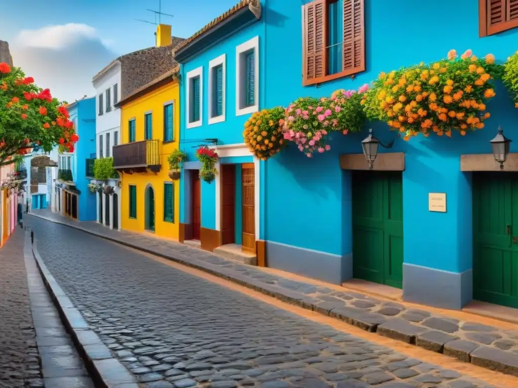 Turismo lento en Uruguay: Calle empedrada en Colonia del Sacramento con coloridas casas coloniales y cafés encantadores