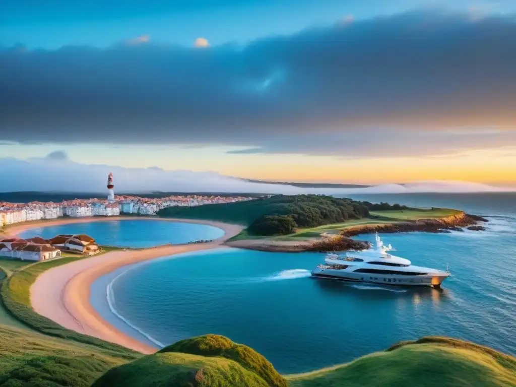Costa de Punta del Este al atardecer: fusión de arquitectura y AR Turismo en Uruguay: costa de Punta del Este fusiona arquitectura y Realidad Aumentada al atardecer, con turistas y un yate