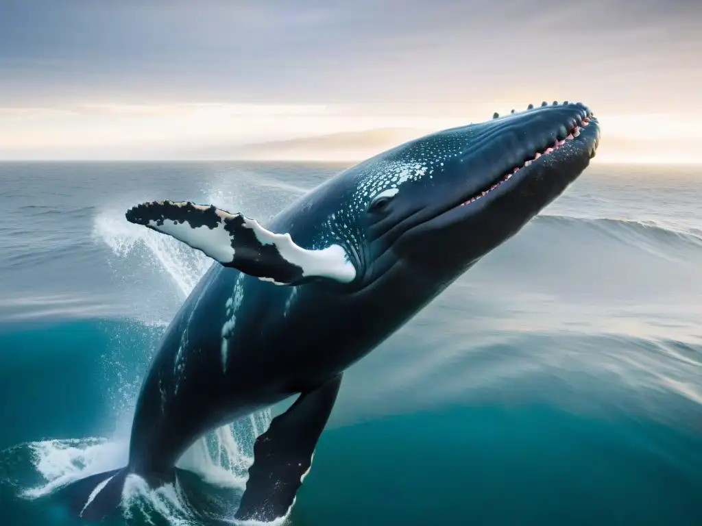 Turismo responsable fauna Uruguay: Majestuosa ballena franca austral emergiendo del océano Atlántico, con gotas de agua suspendidas en el aire