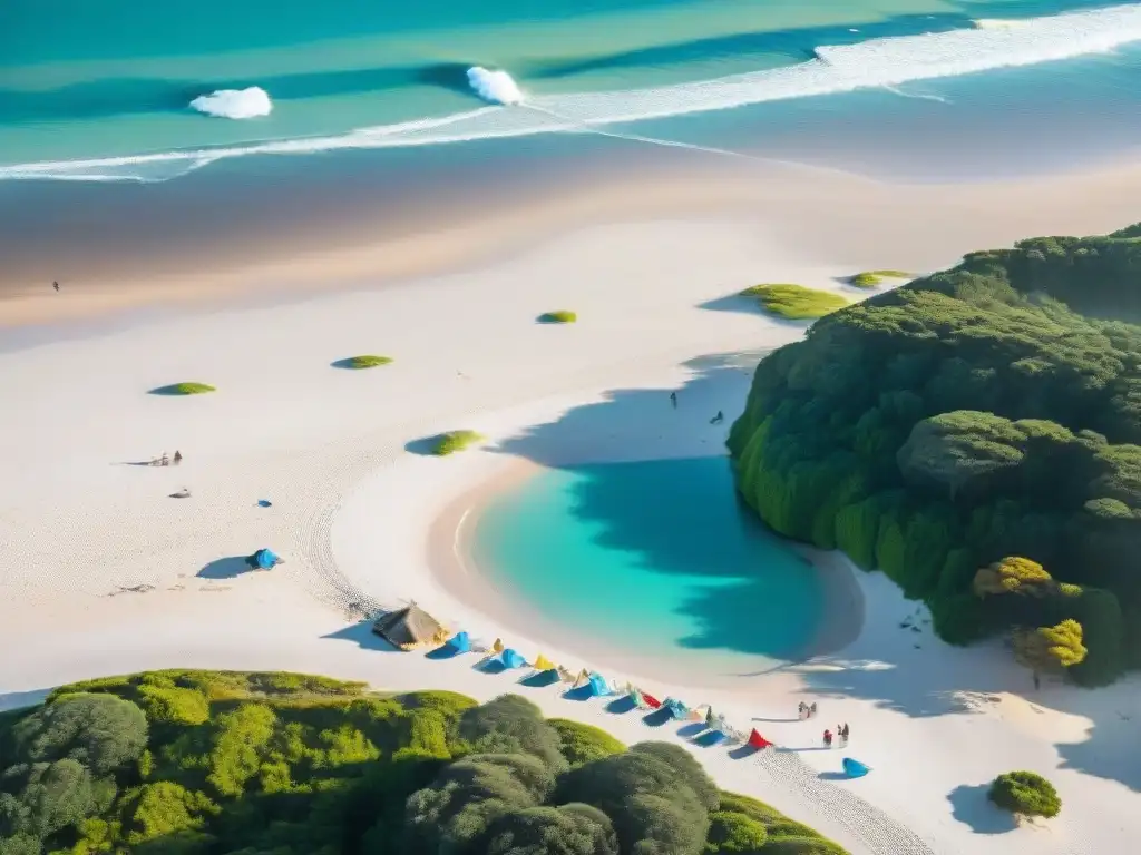 Turismo responsable en playas Uruguay: Playa prístina, turistas diversas limpian y cuidan, atardecer dorado