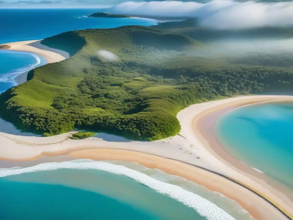 Turismo responsable en Uruguay: Playa serena con aguas turquesas cristalinas y bosque verde bajo cielo azul