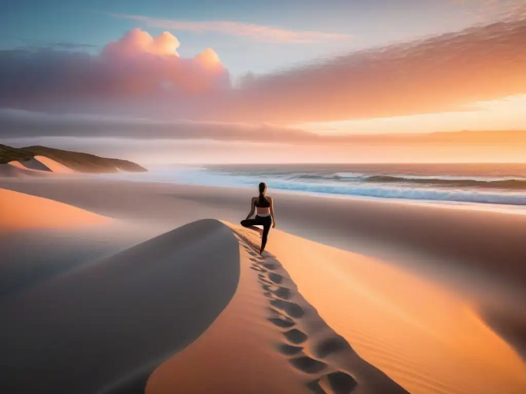 Turismo responsable en Uruguay: Amanecer sereno sobre las dunas de Cabo Polonio, donde alguien practica yoga al amanecer