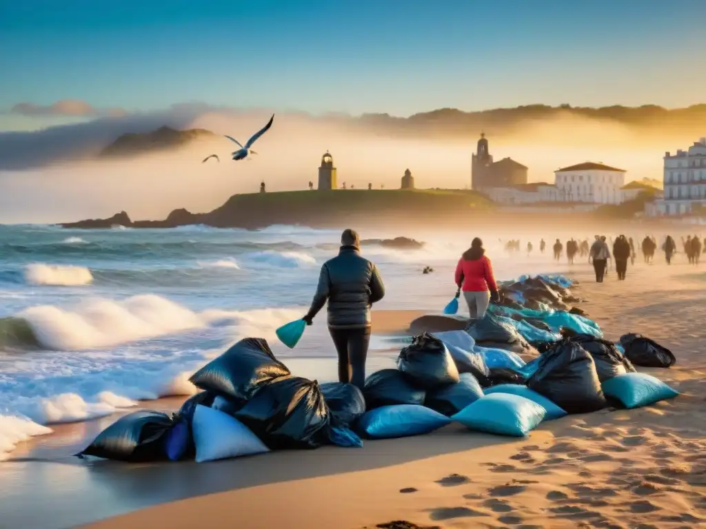 Turismo responsable en Uruguay: Turistas divers@s recogen basura en la playa al atardecer, creando una escena serena y conmovedora