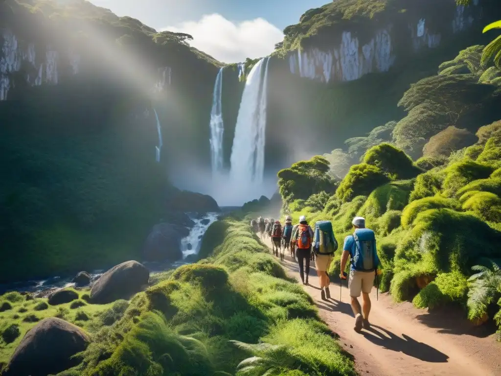 Turismo responsable en Uruguay: Grupo de turistas recorriendo sendero en bosque protegido, recogiendo basura y usando botellas reutilizables