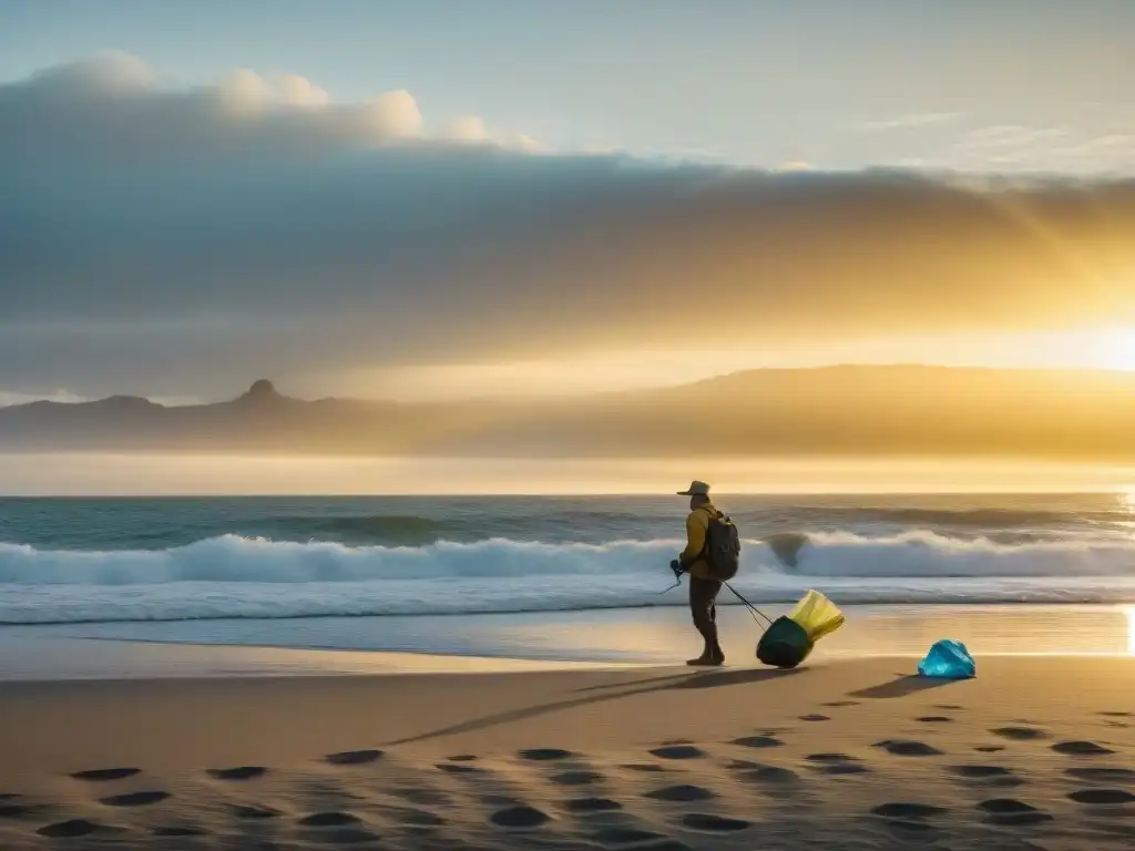 Turismo responsable en Uruguay: Viajero recoge residuos plásticos al amanecer en la playa, bajo el cálido reflejo dorado del sol