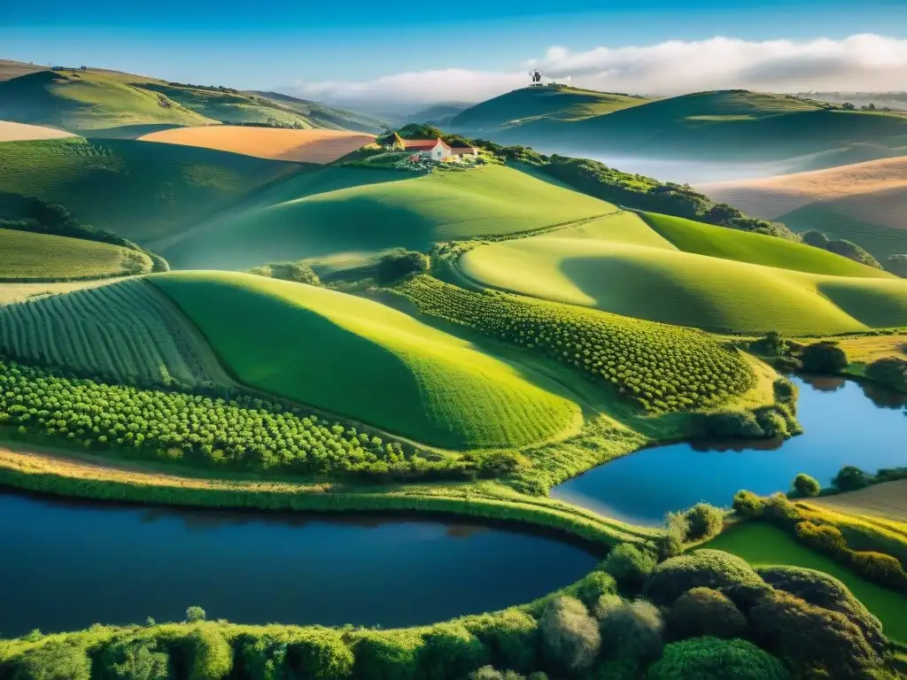 Turismo rural en Uruguay: paisaje sereno con colinas verdes, casas rústicas, ganado y río, invitando a vivir experiencias auténticas