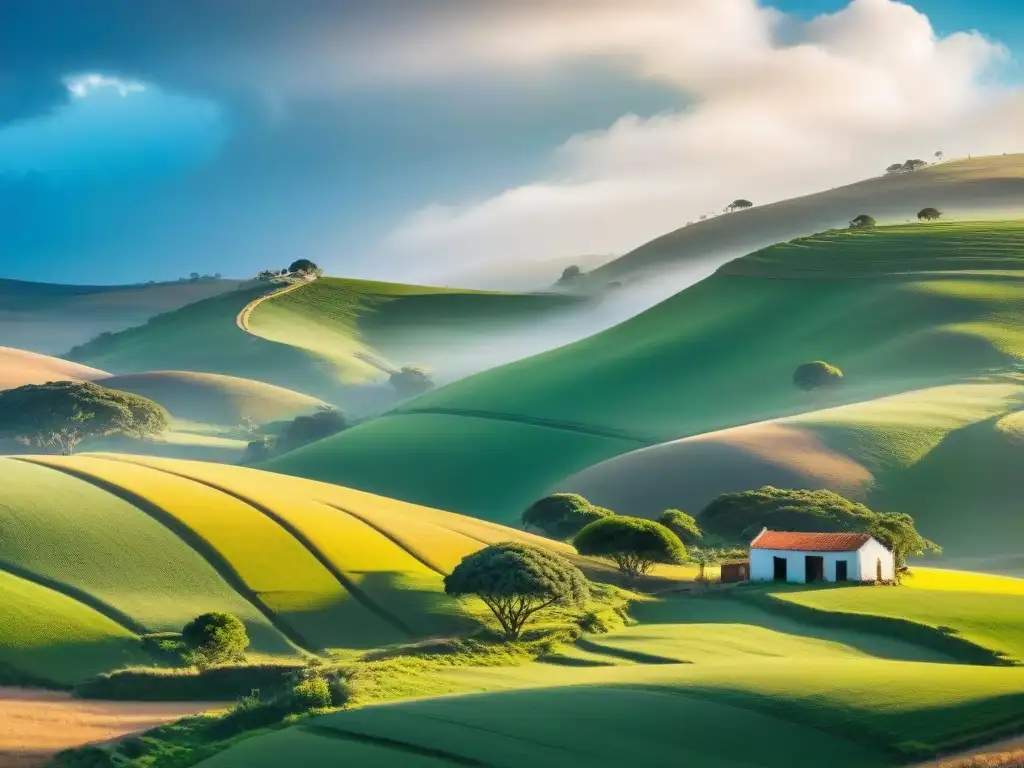 Turismo rural en Uruguay: Paisaje sereno de colinas verdes salpicadas de casas rurales y ganado bajo cielo azul