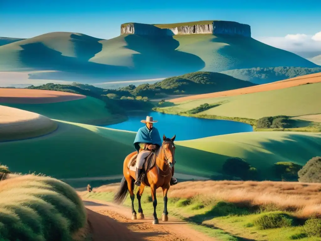 Turismo rural en Uruguay: Gaucho cabalgando en paisaje vasto y pintoresco bajo cielo azul