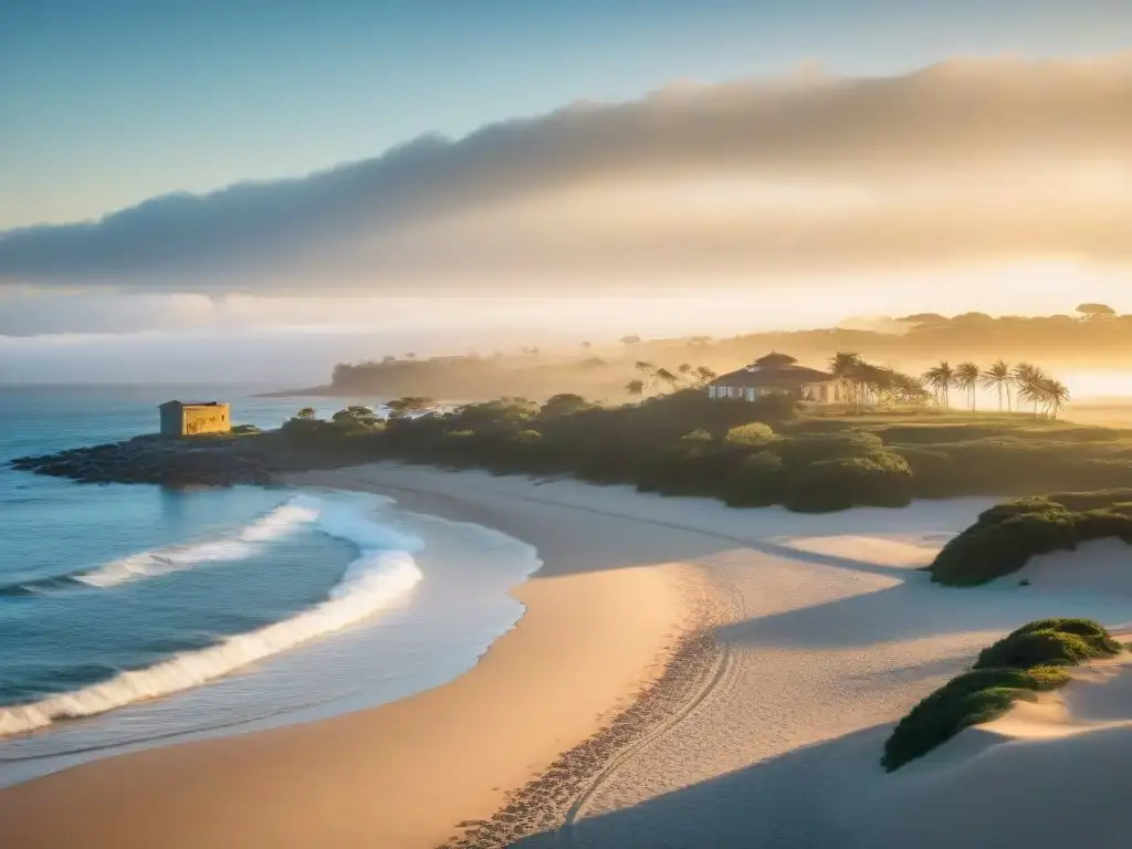 Turismo de salud en Uruguay: Amanecer tranquilo en la costa de Punta del Este con playas, palmeras y yoga al amanecer