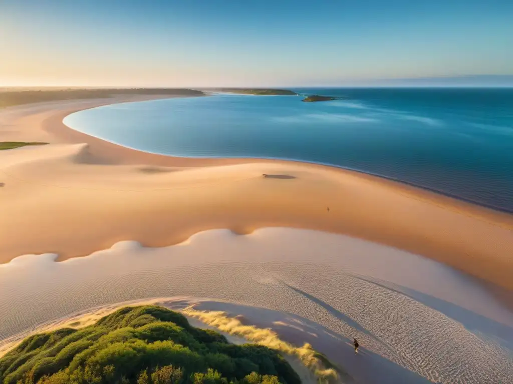 Turismo saludable en Uruguay con tecnología wearable: amanecer sereno en las playas de Punta del Este, persona trotando al borde del agua