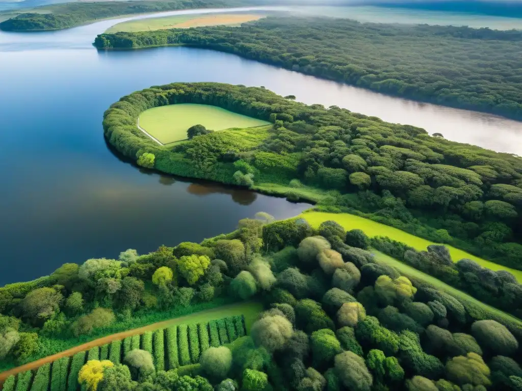 Turismo sostenible en Uruguay: Vista aérea impresionante de paisajes verdes y armonía con la naturaleza