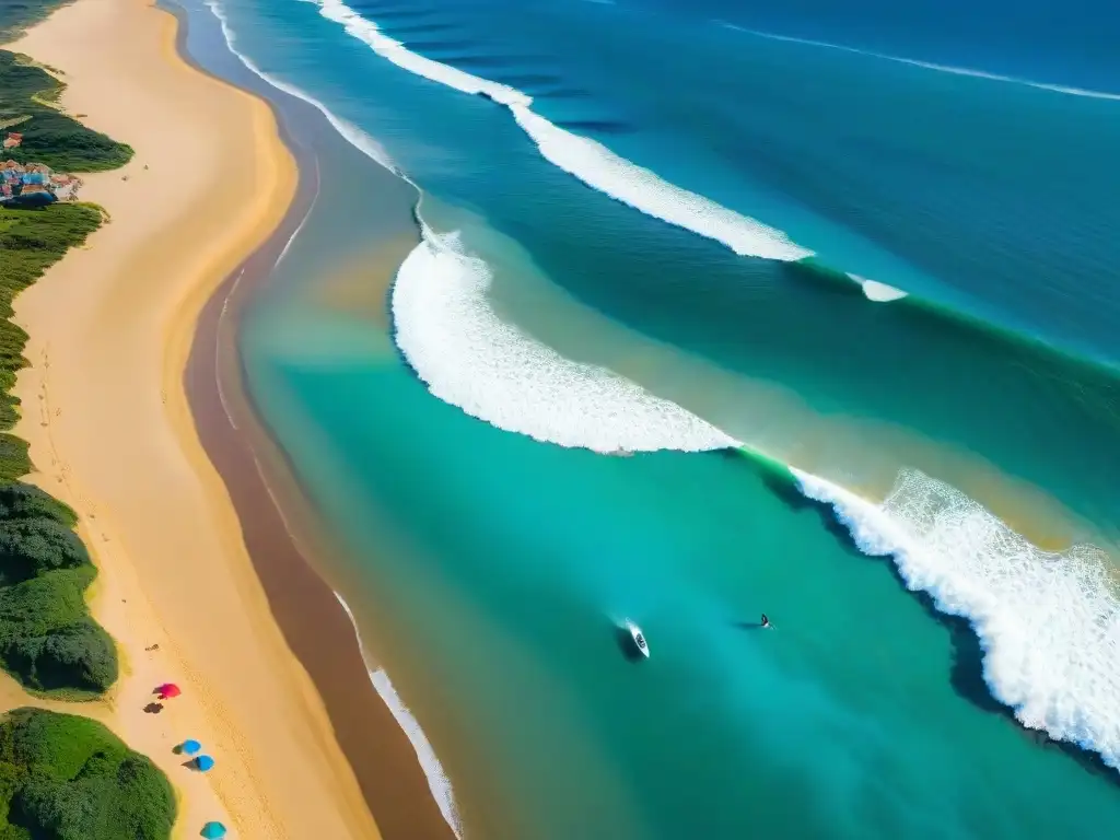 Turismo surfista en Uruguay: Vista aérea de Punta del Diablo con surfistas, sombrillas y ambiente vibrante