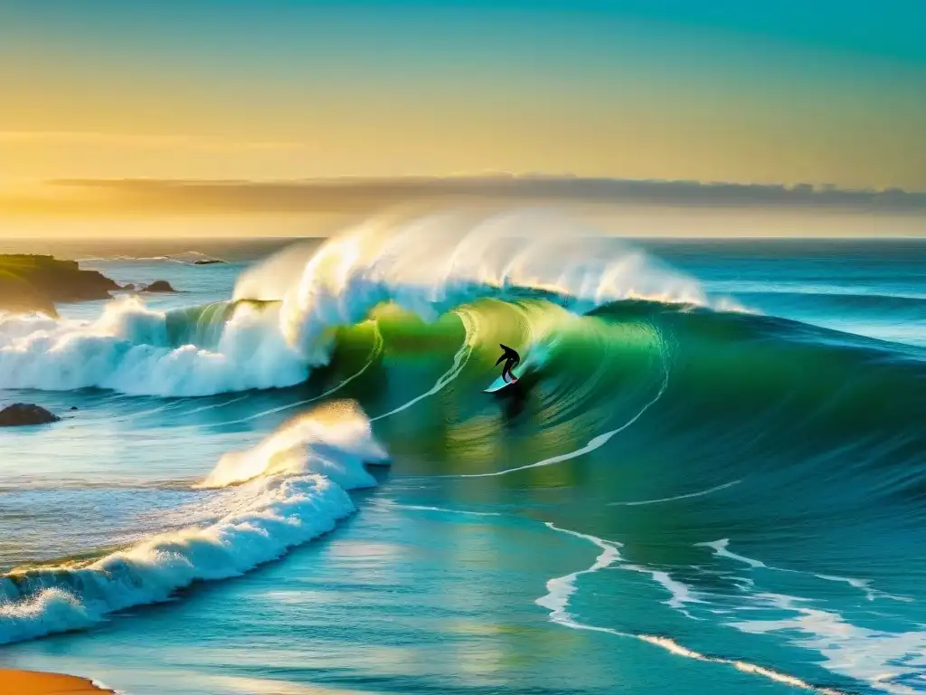 Turismo surfista en Uruguay: Surfistas cabalgan olas al atardecer en Punta del Diablo, con el sol dorado reflejándose en el agua