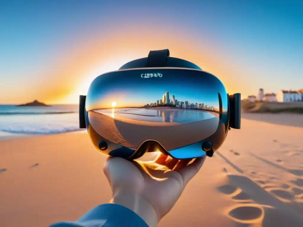 Turismo virtual en Uruguay: emocionante viaje virtual en la playa al atardecer con Casapueblo y Punta del Este proyectados en auriculares VR