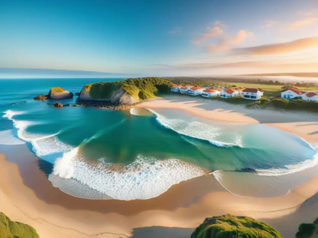 Turismo virtual en playas uruguayas: Realidad virtual en una playa serena con palmeras y atardecer vibrante