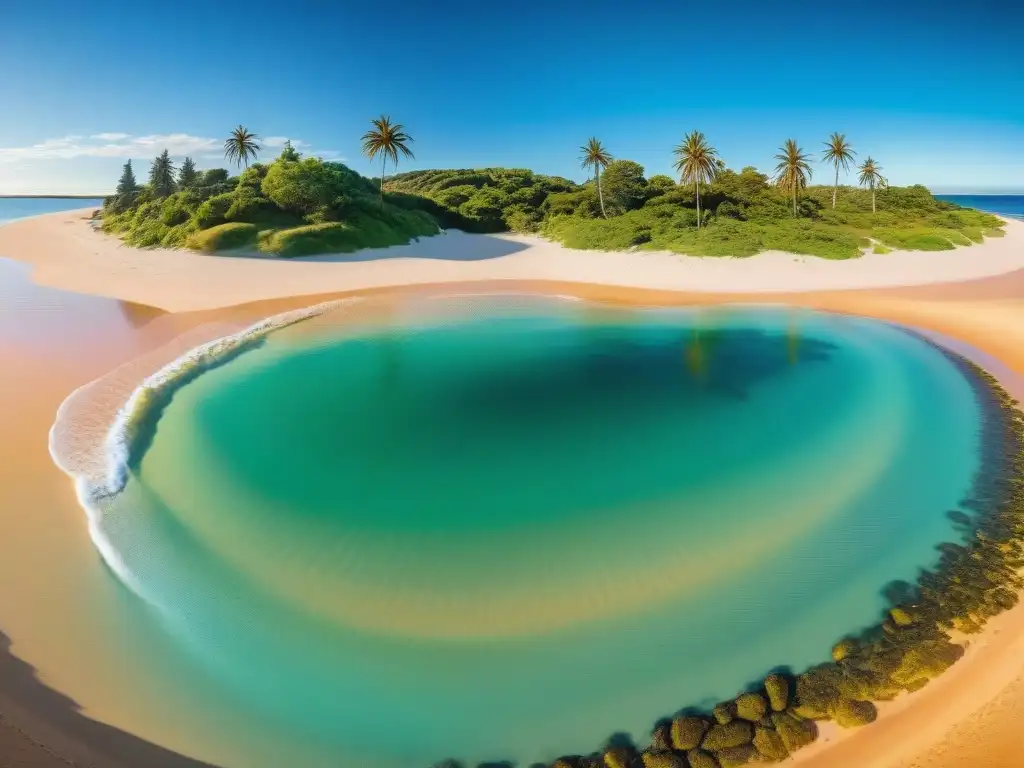 Turismo virtual en playas uruguayas: Viaje digital a una costa soleada con aguas cristalinas y palmeras meciéndose en la brisa