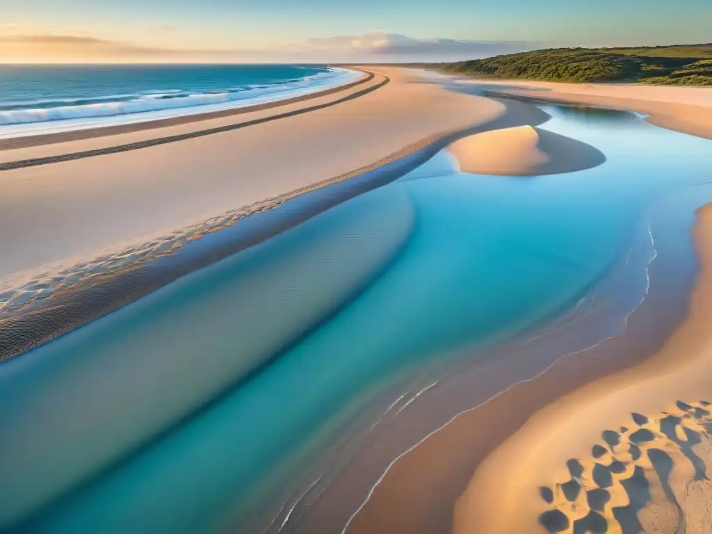 Turismo virtual en playas uruguayas: Arena dorada, aguas cristalinas y gaviotas en el cielo soleado