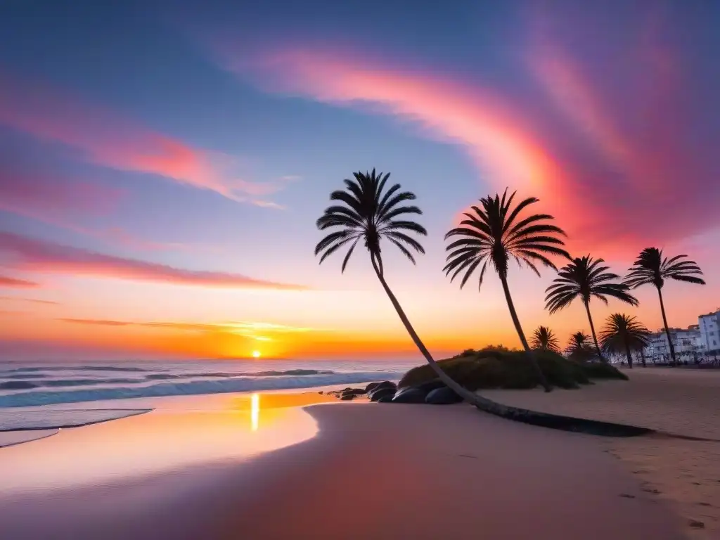 Disfruta del turismo virtual en playas uruguayas con un atardecer vibrante en Pocitos Beach, Montevideo