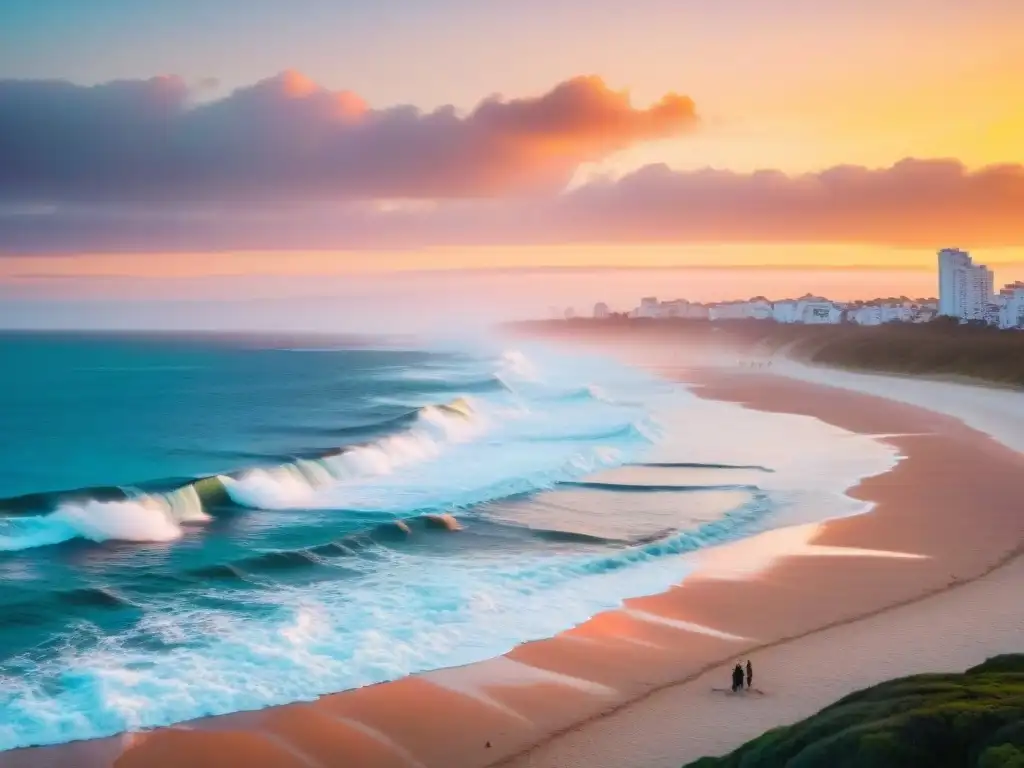 Turismo virtual en Uruguay: Puesta de sol en Playa Brava, Punta del Este, con cielos anaranjados y turistas admirando La Mano