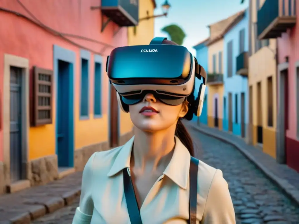 Un turista maravillado explora las calles históricas de Colonia del Sacramento, Uruguay, a través de la realidad virtual