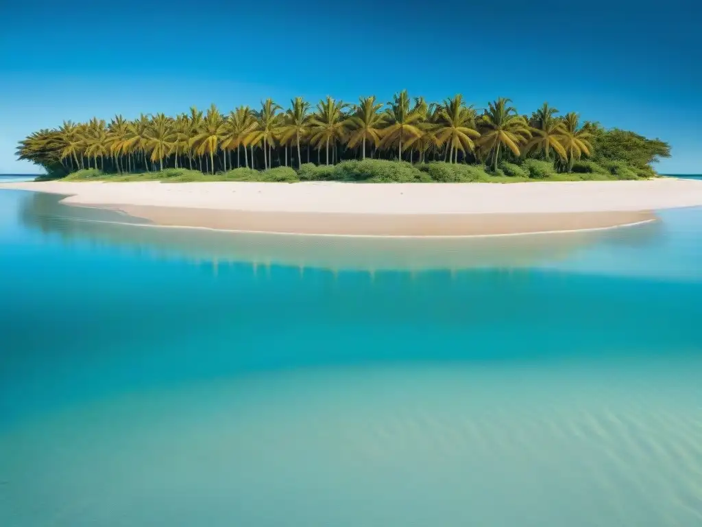 Un turista camina en una playa de Uruguay, con aguas turquesas y palmeras verdes, resaltando la armonía entre turismo y educación ambiental en Uruguay